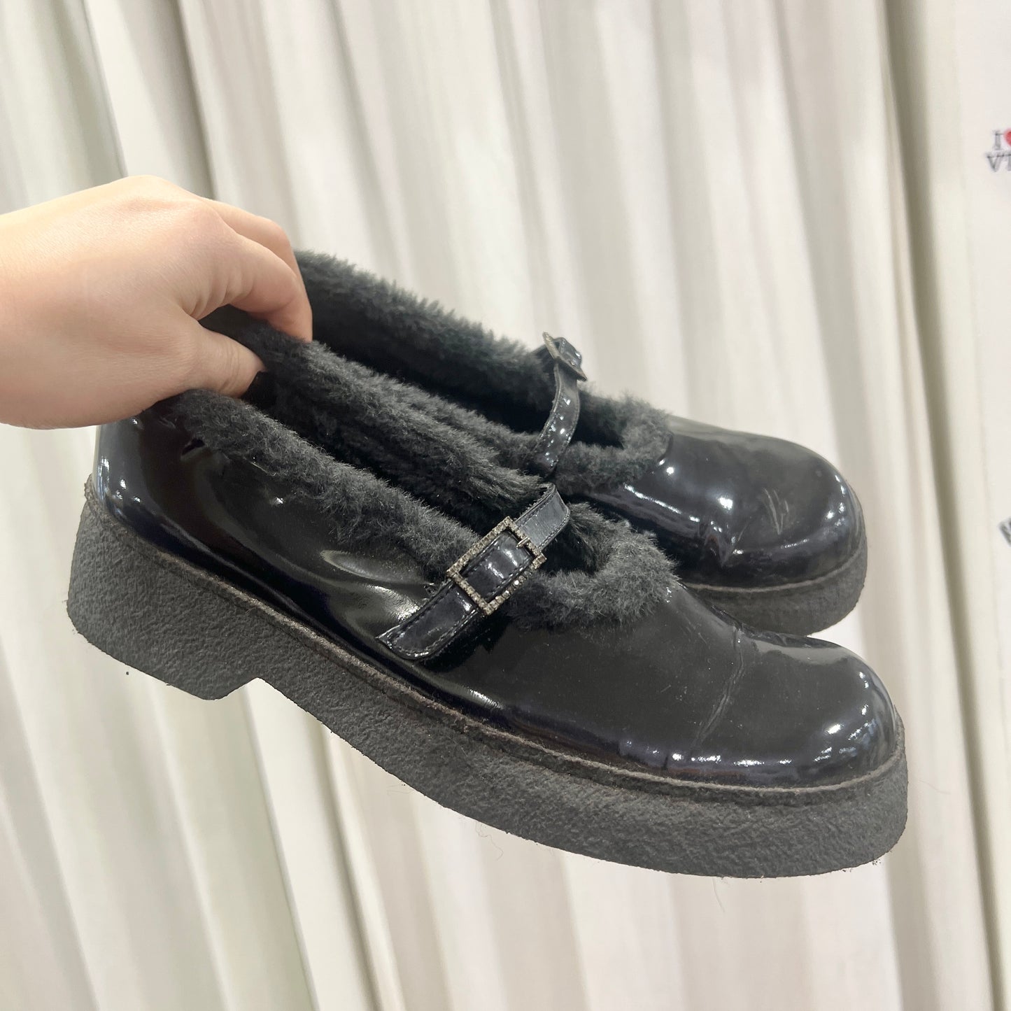 pollini 00s black patent leather platform mary janes with fur