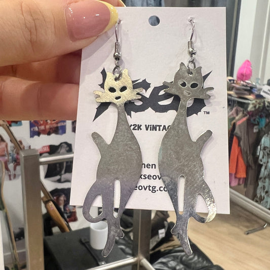 laser cut silver metal cat earrings