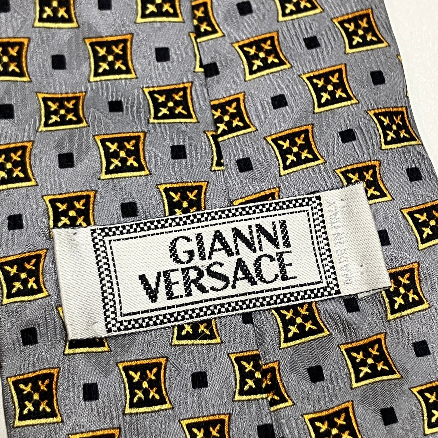 gianni versace 90s grey silk tie with gold baroque geometric print
