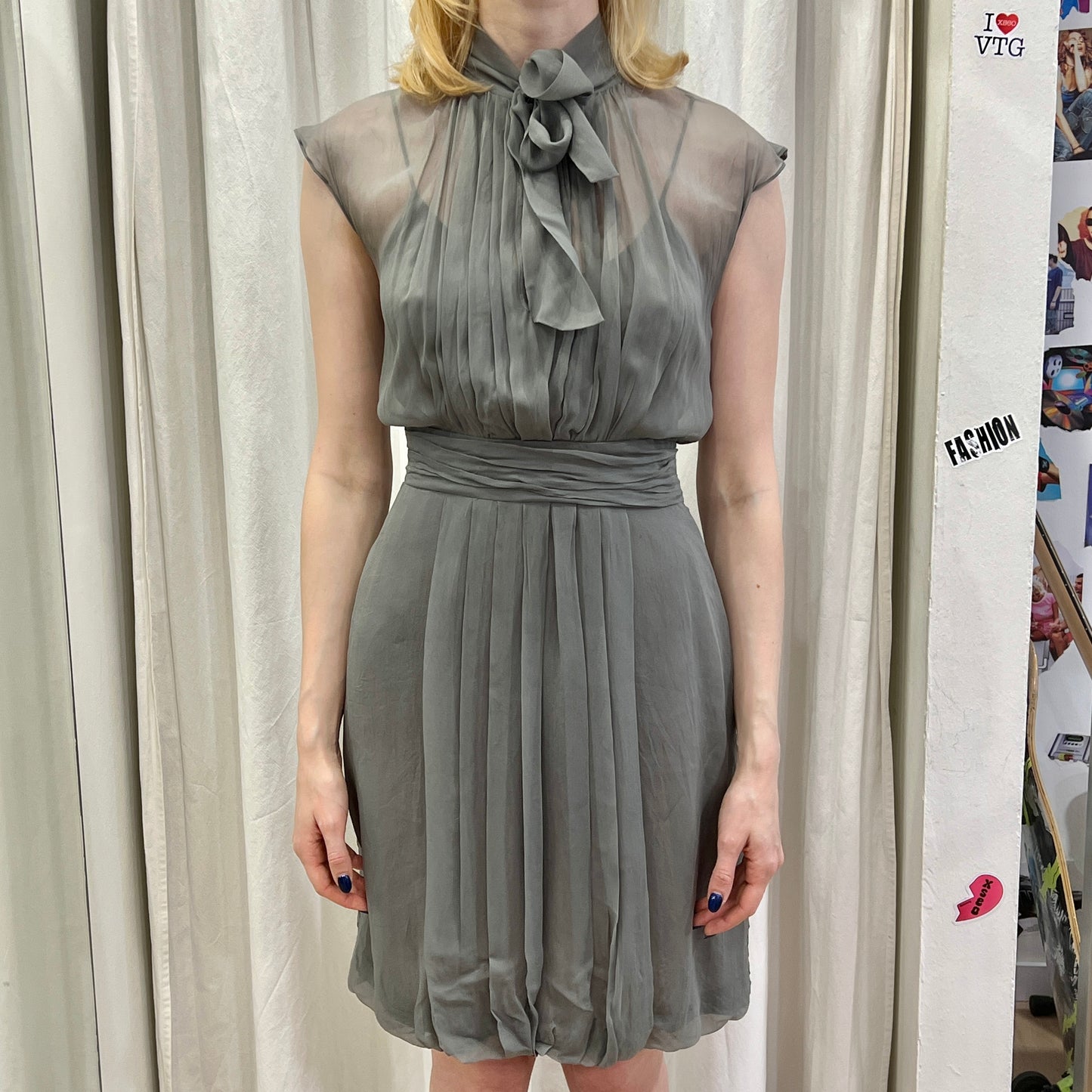 moschino 00s grey silk pussy bow halter mini cocktail dress