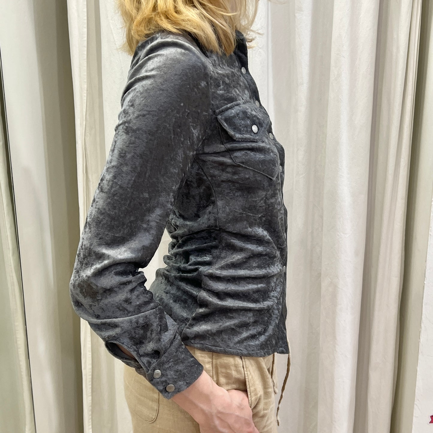 iron g 00s grey velour button up shirt
