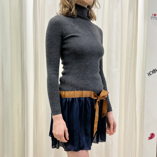 liu jo grey wool roll neck minidress with blue skirt and gold bow