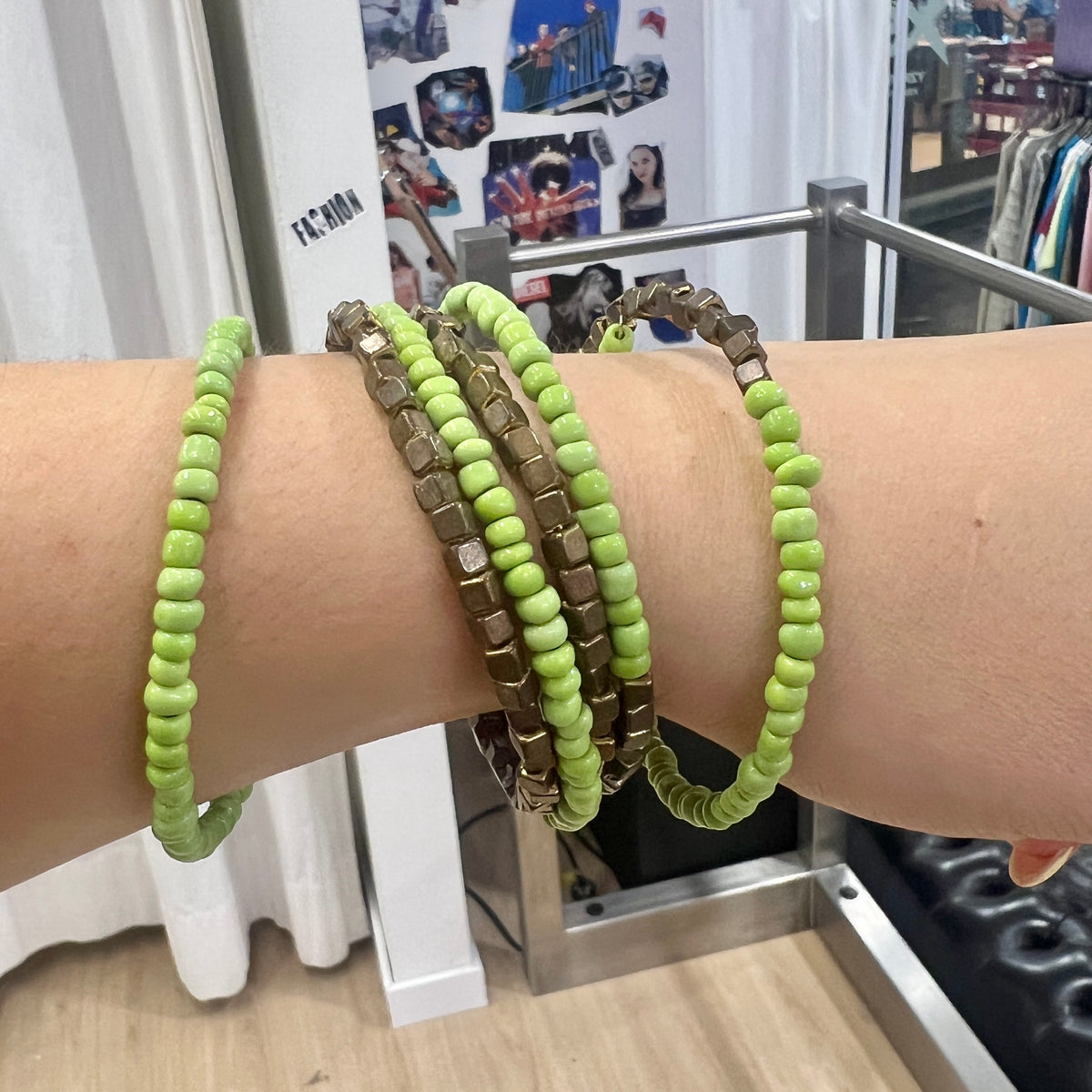 bronze green beaded round spiral bracelet