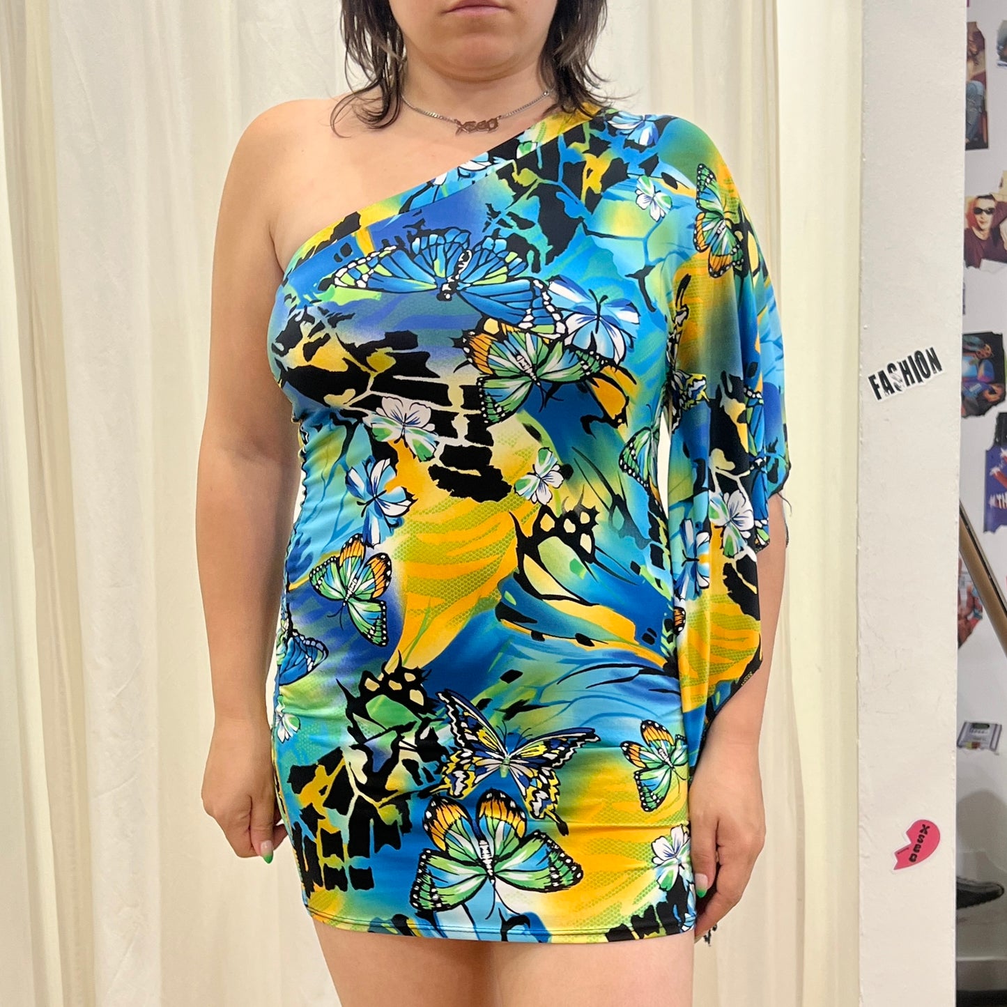 00s butterfly print one-shoulder minidress