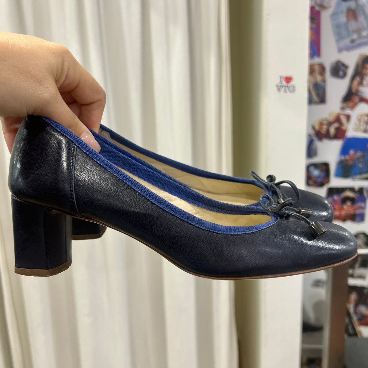 sandro violet navy leather chunky heel square tip ballet flats