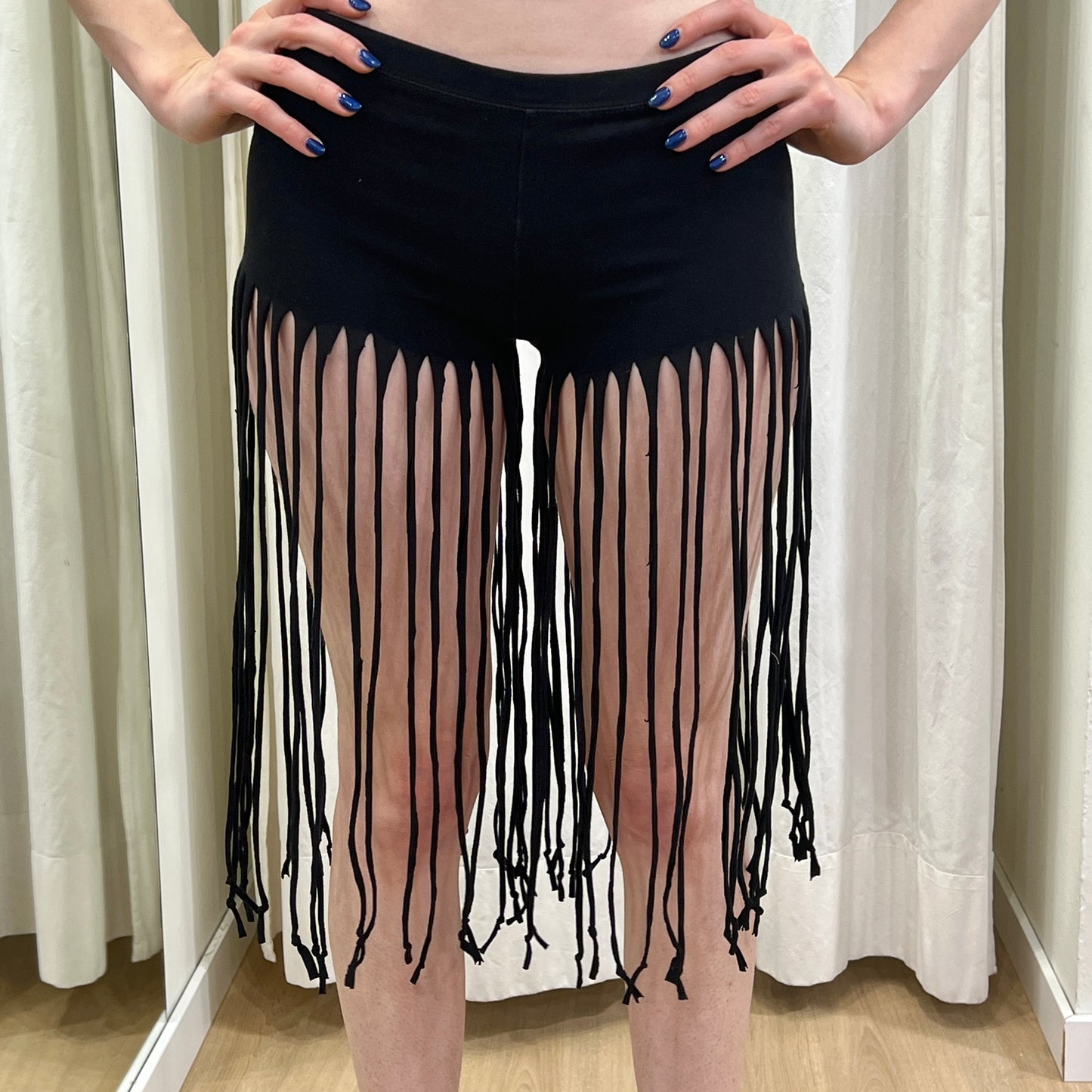reworked black capri leggings with fringes