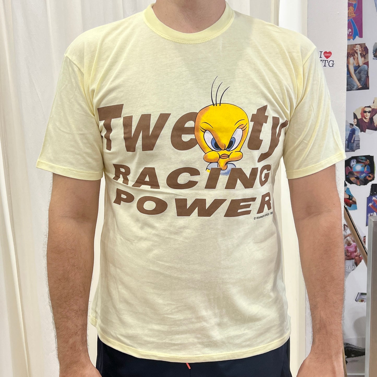 looney tunes 1998 pastel yellow tweety racing power tshirt