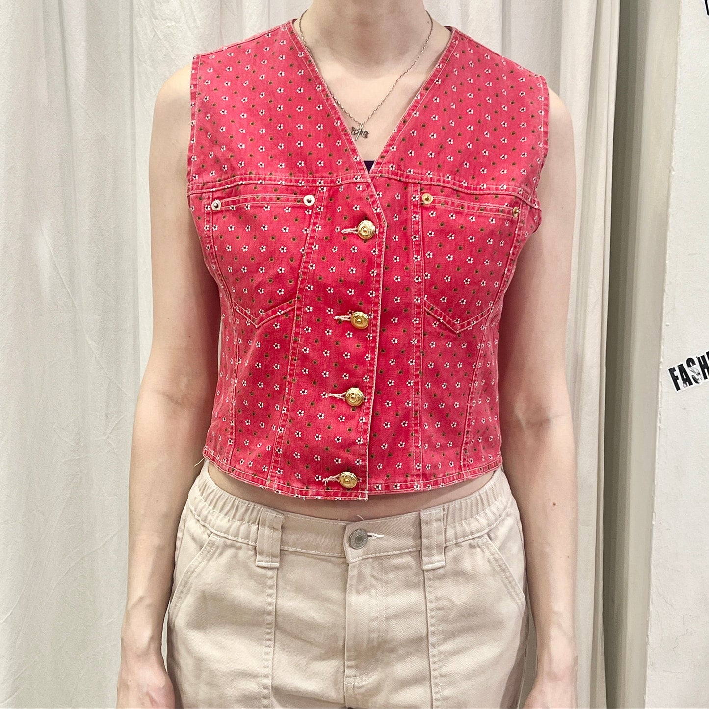 exence 90s red denim button up vest with mini floral print