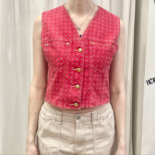 exence 90s red denim button up vest with mini floral print