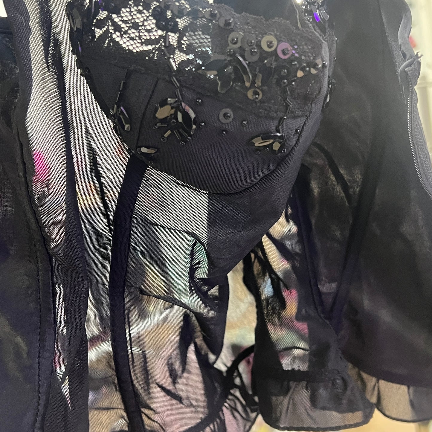 denny rose 00s black mesh corset with embroidered cups