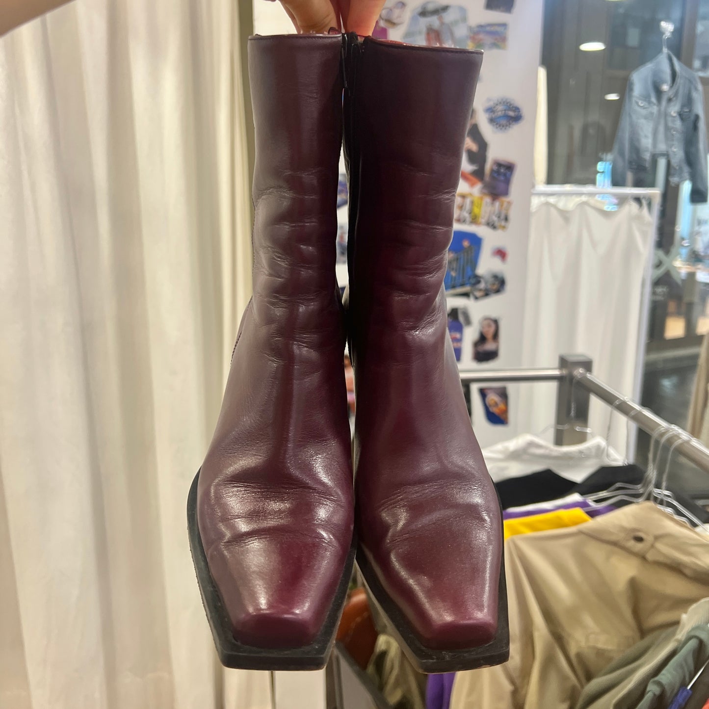 iacopini 00s burgundy leather square tip chunky heel ankle boots