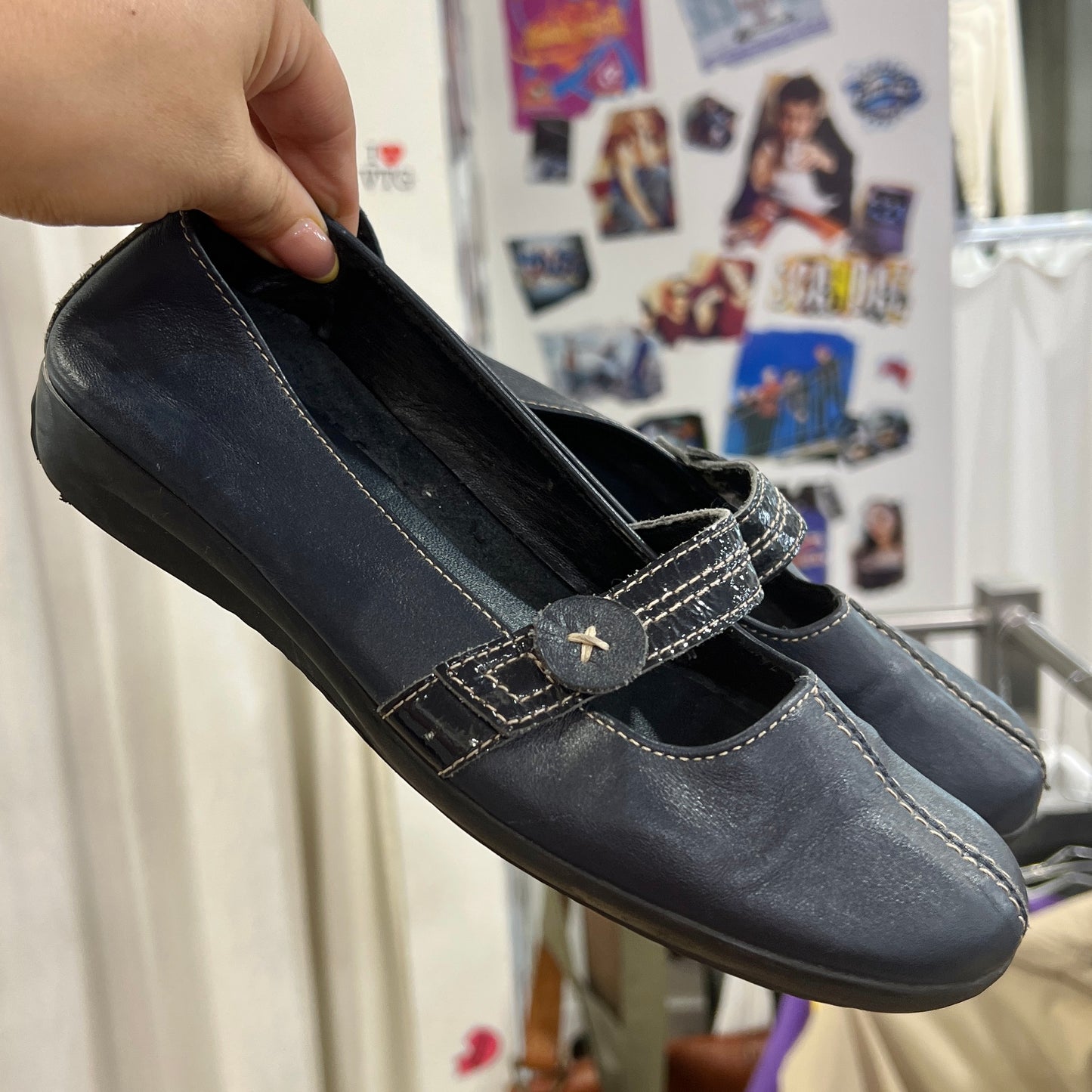 navy blue leather mary jane ballet flats