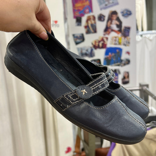 navy blue leather mary jane ballet flats