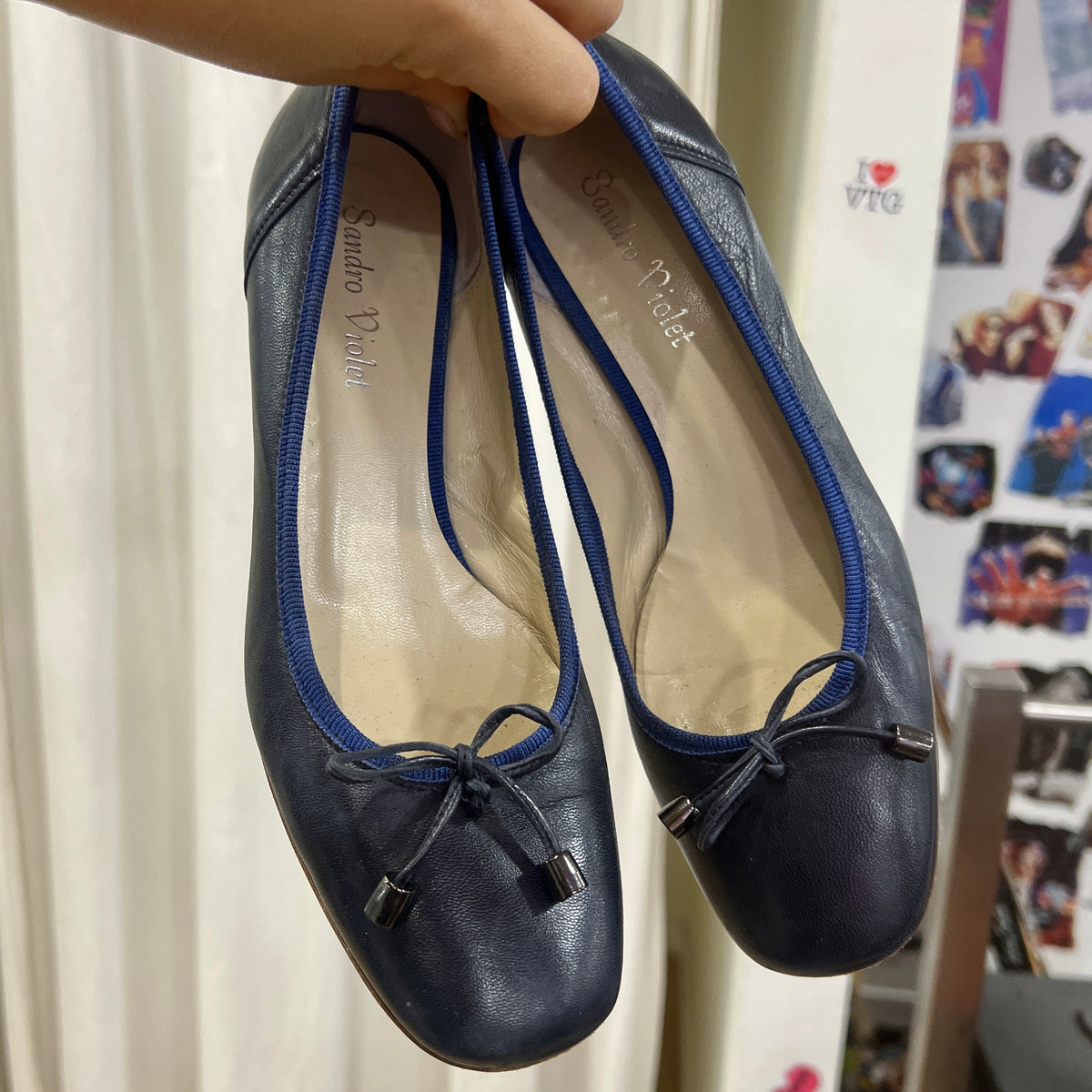 sandro violet navy leather chunky heel square tip ballet flats