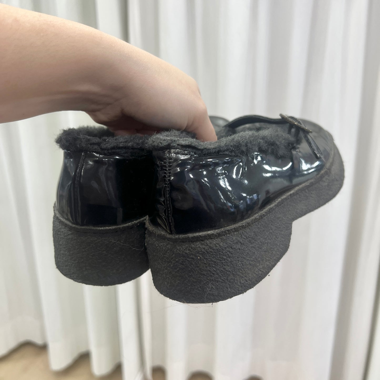 pollini 00s black patent leather platform mary janes with fur