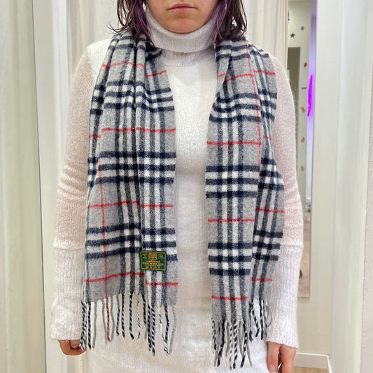 90s grey wool tartan checkprint scarf with fringes