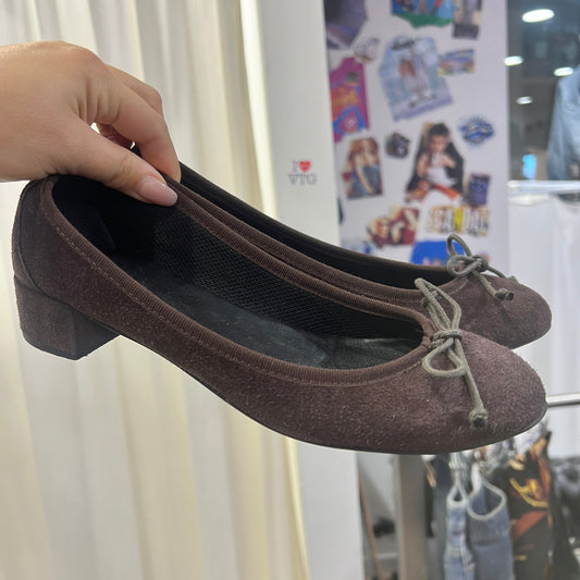 brown suede ballet flats with chunky baby heel