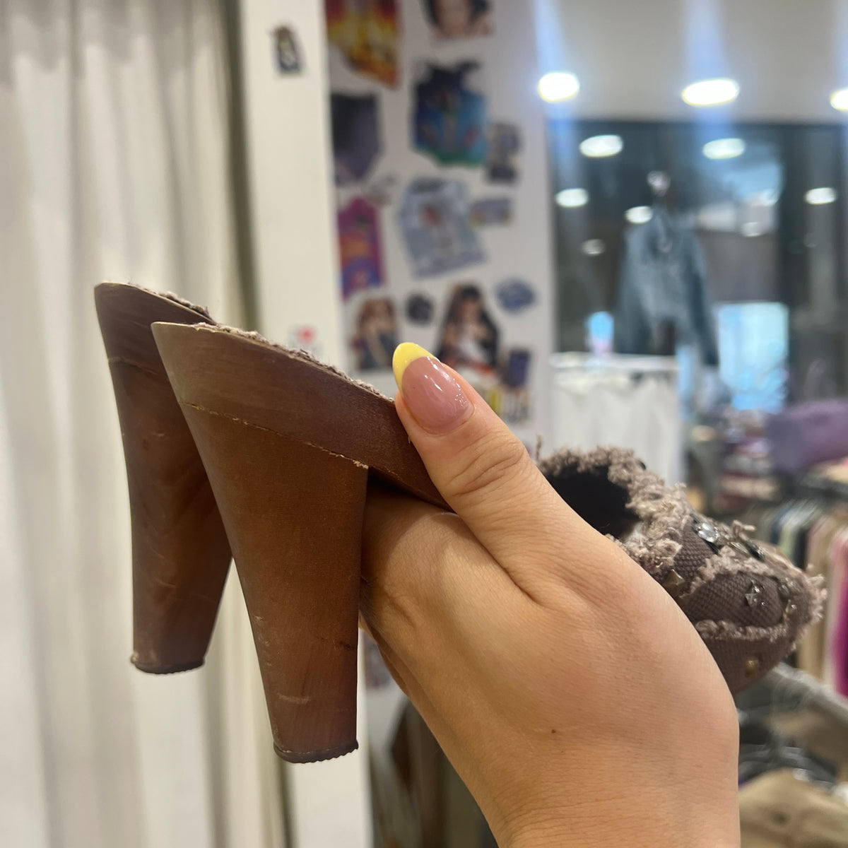 maicha 00s brown distressed canvas wooden clog heel sandal