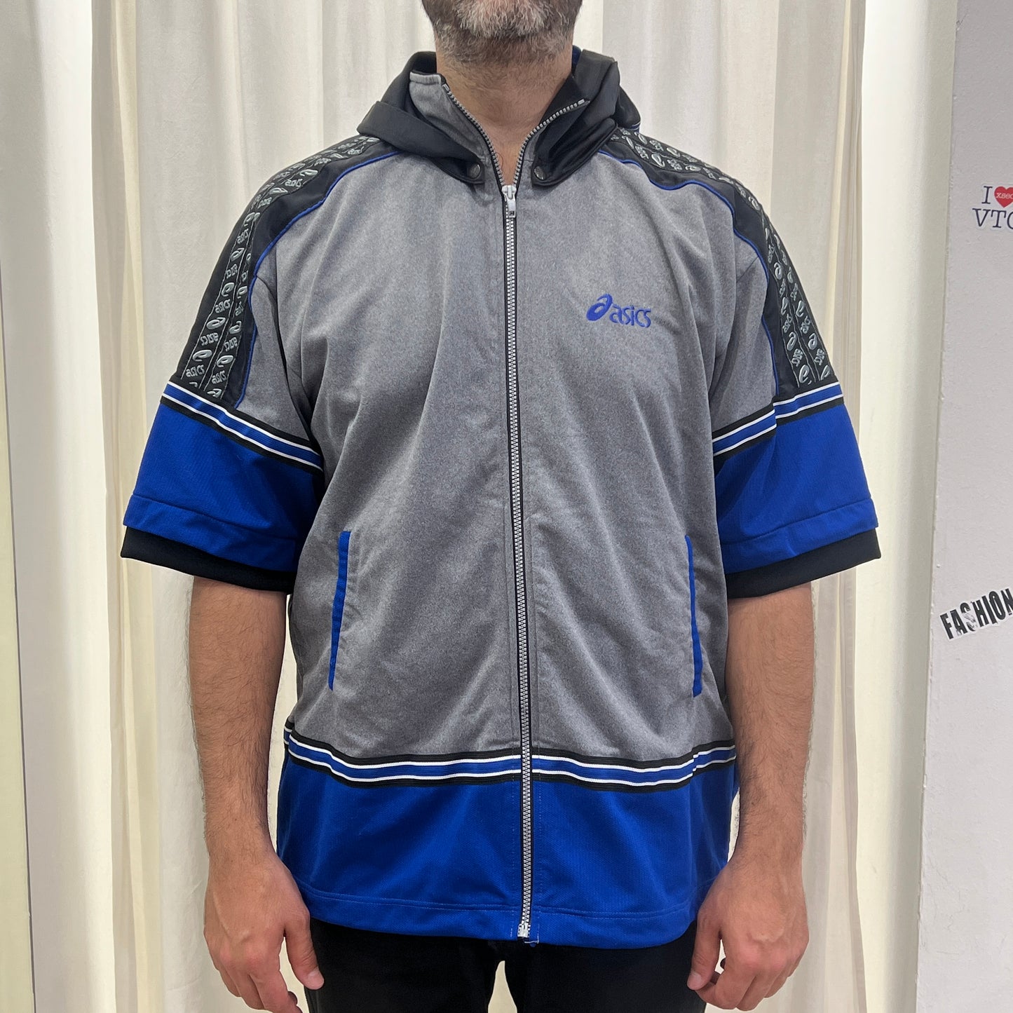 asics japan 00s grey blue short sleeve hoodie with removable hood