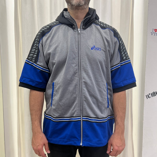 asics japan 00s grey blue short sleeve hoodie with removable hood