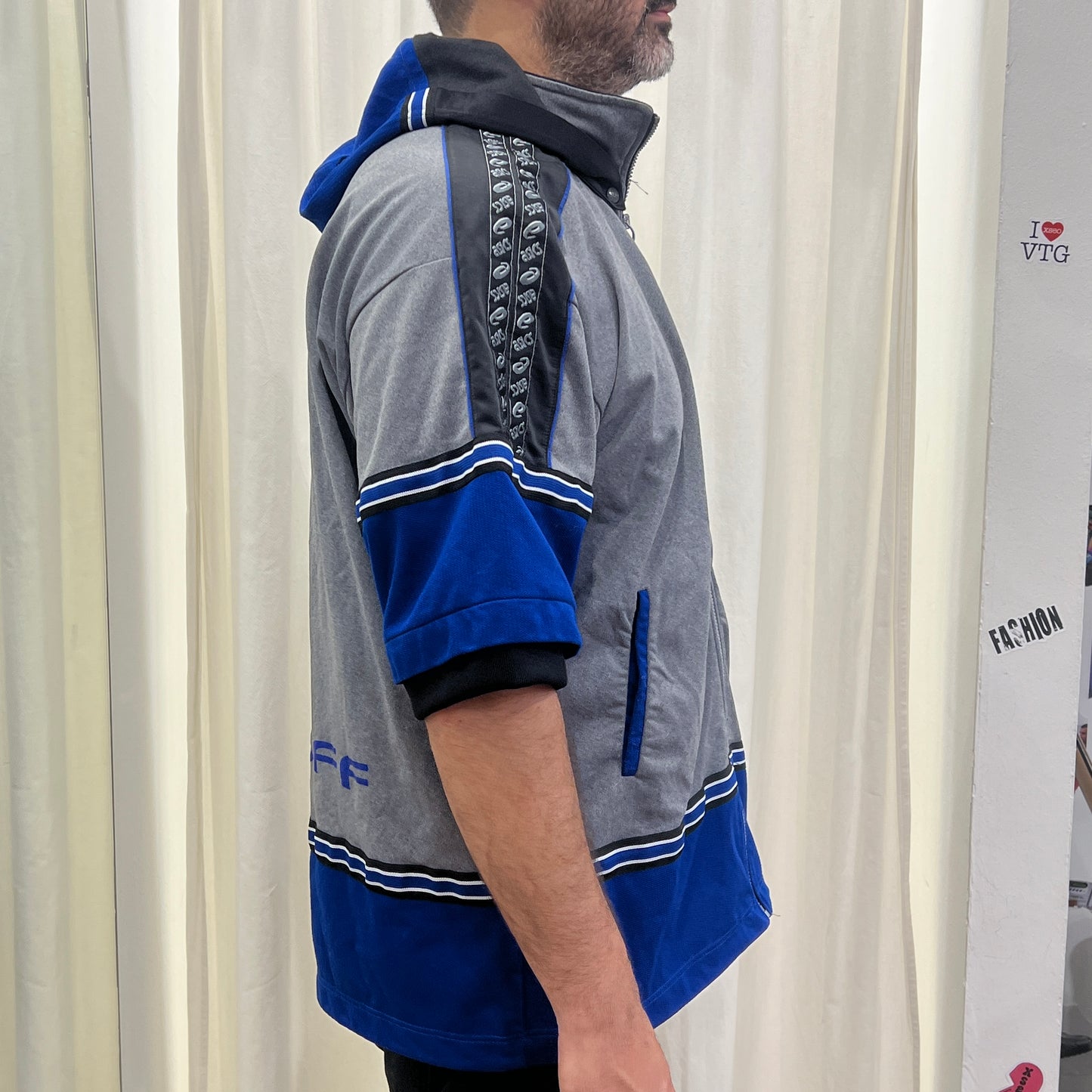 asics japan 00s grey blue short sleeve hoodie with removable hood