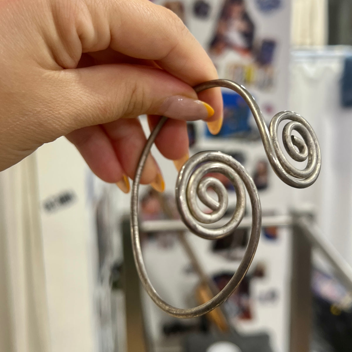 silver wire cuff bracelet with round spirals