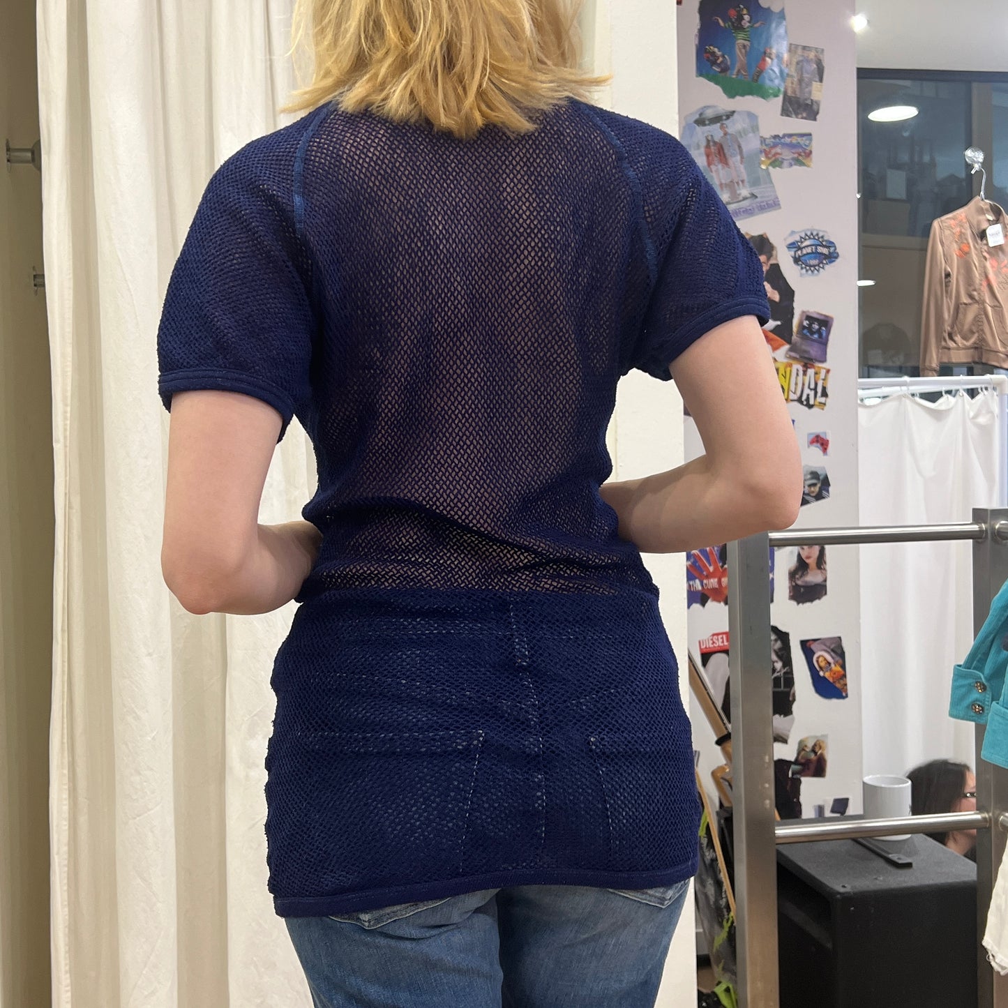 90s navy blue fishnet short sleeve minidress