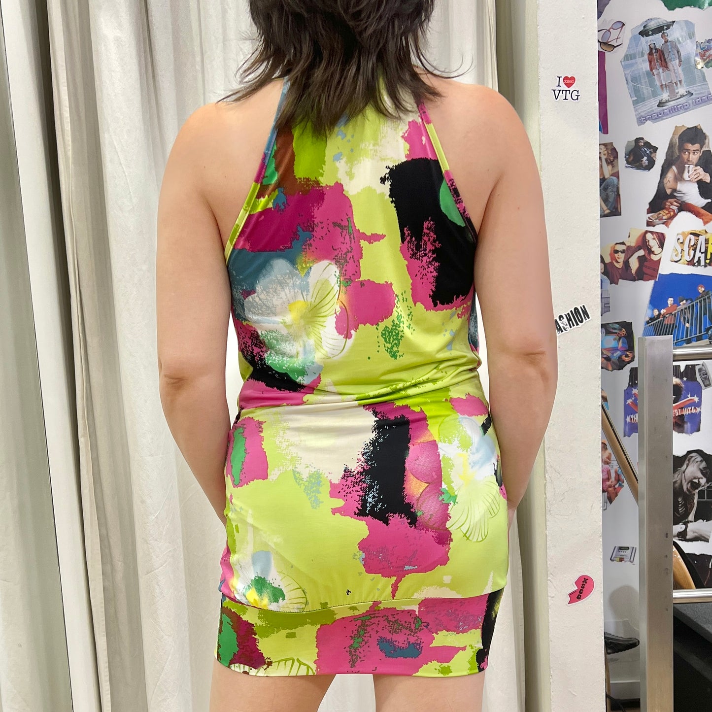 zuiki 00s neon green pink halter sleeveless mini dress