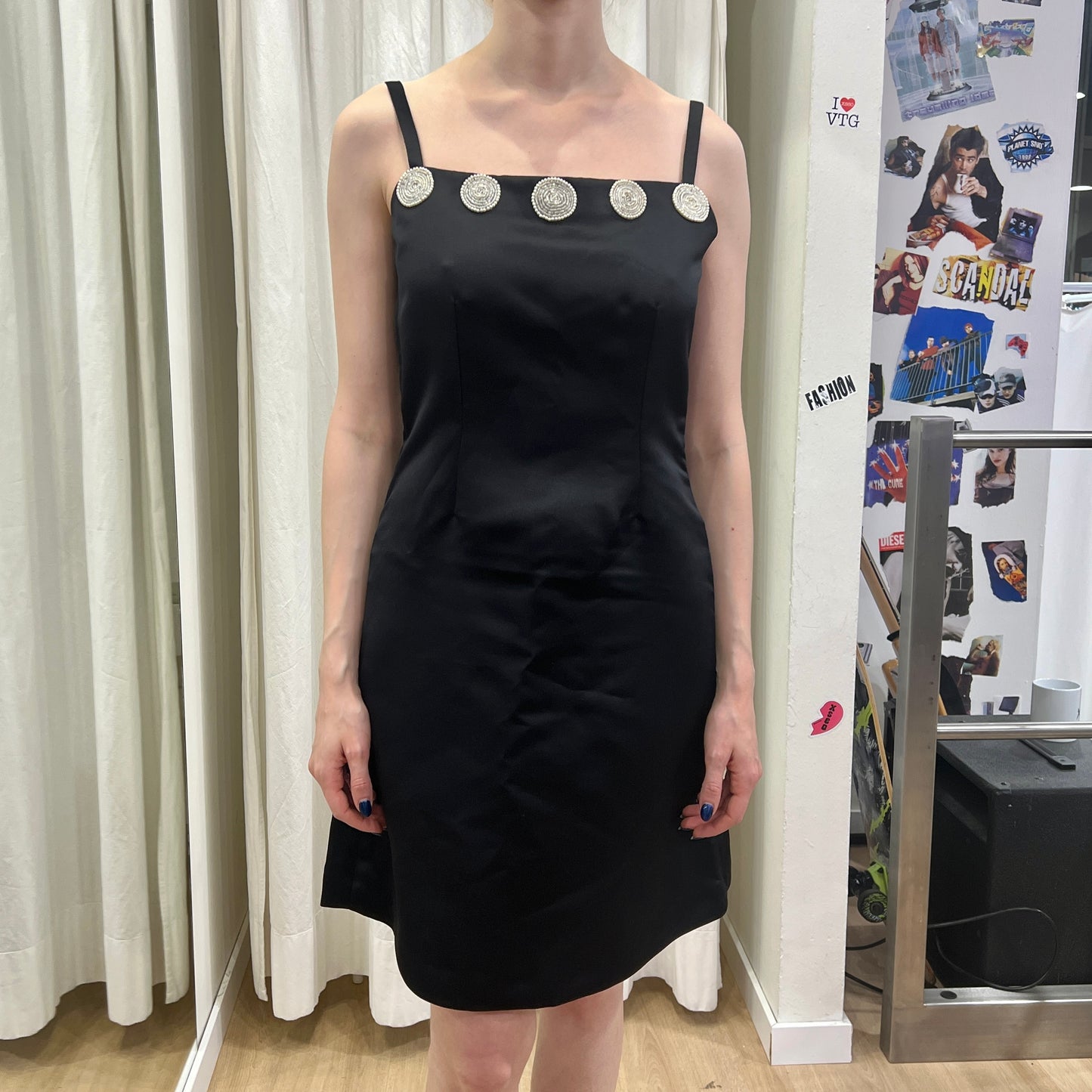 aldebaran milano 90s black satin cocktail minidress with pearl details