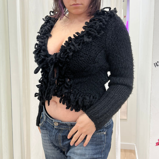 iblues 00s black wool knit front tie cardigan with fringes