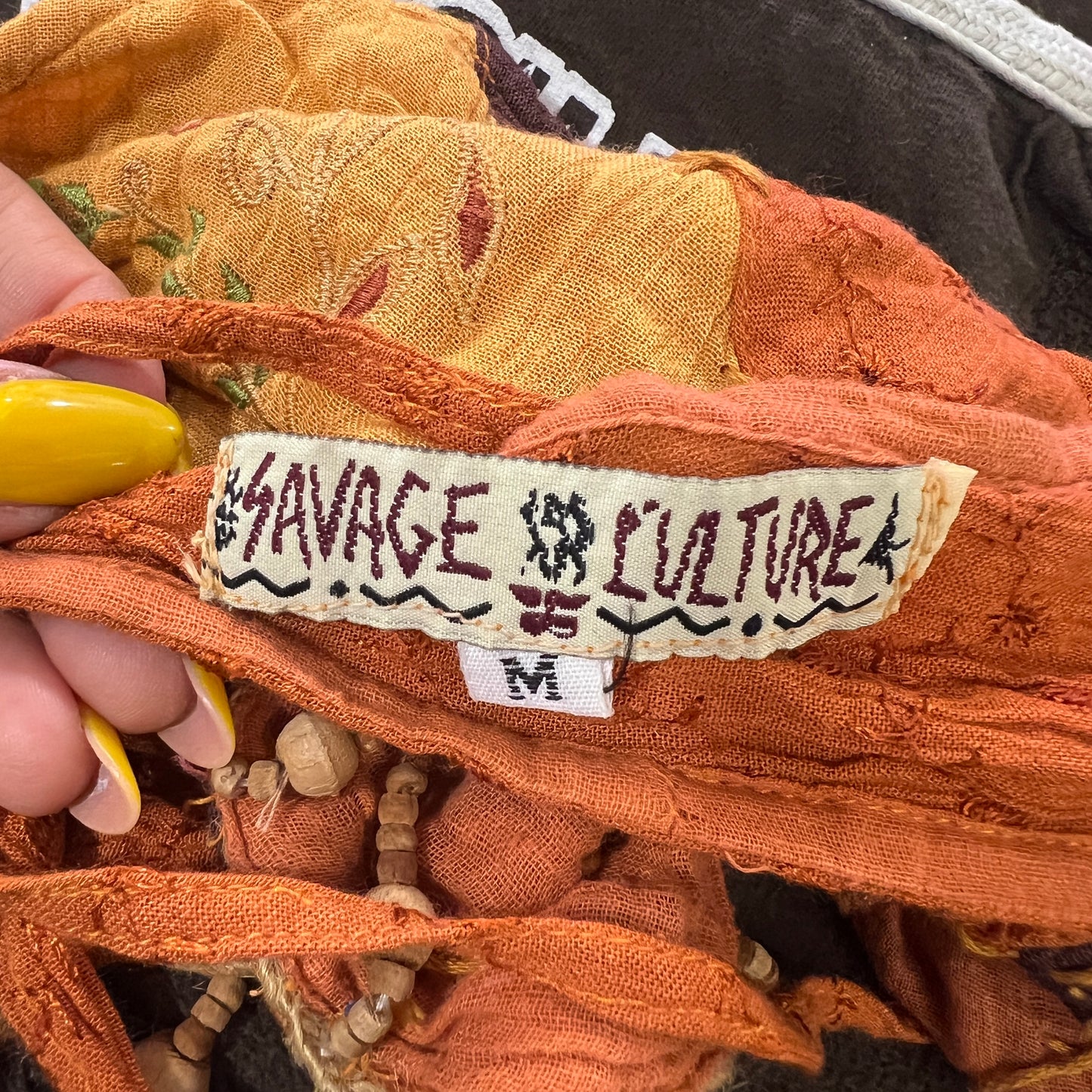 savage culture 00s brown orange patchwork triangle crop top with beaded fringes