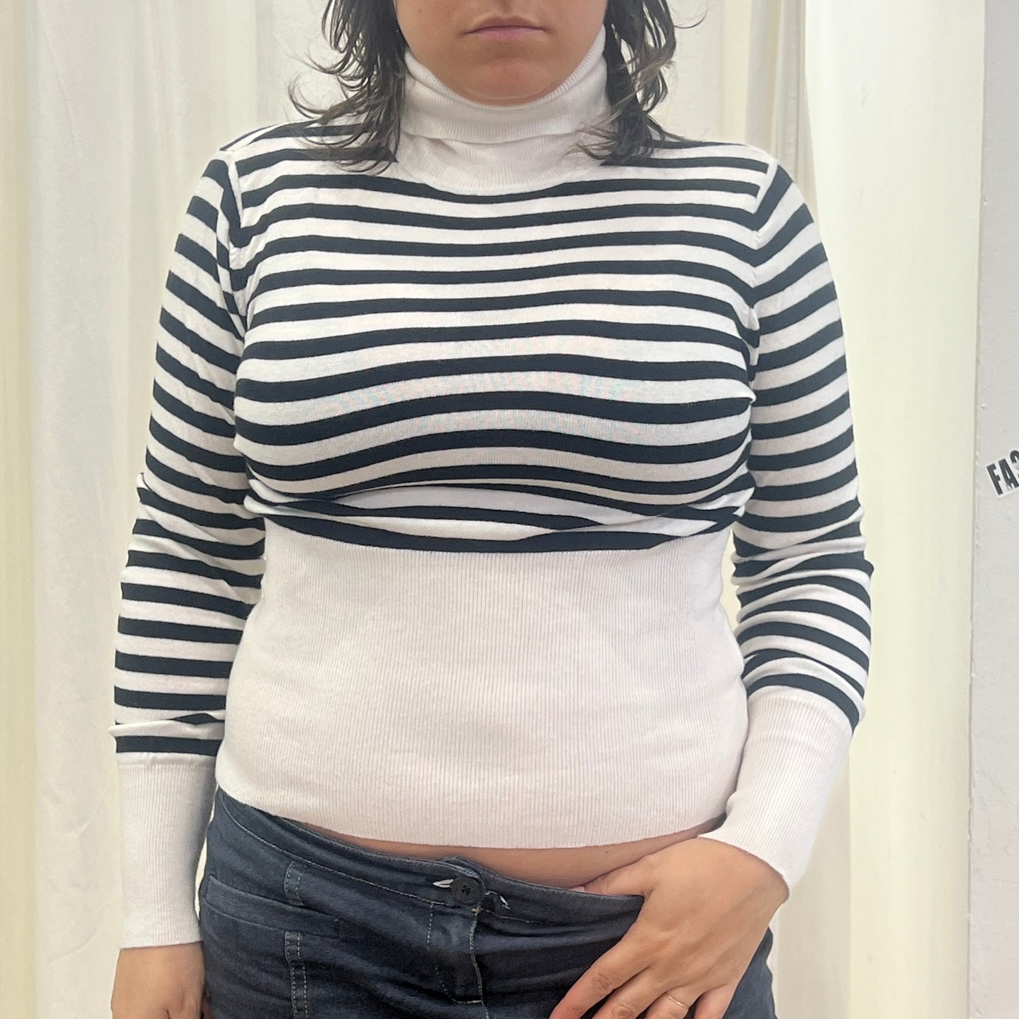 flare black white striped roll neck sweater