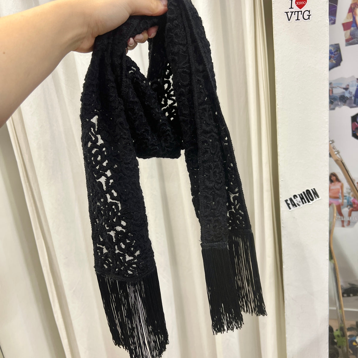 black lace skinny scarf with fringes