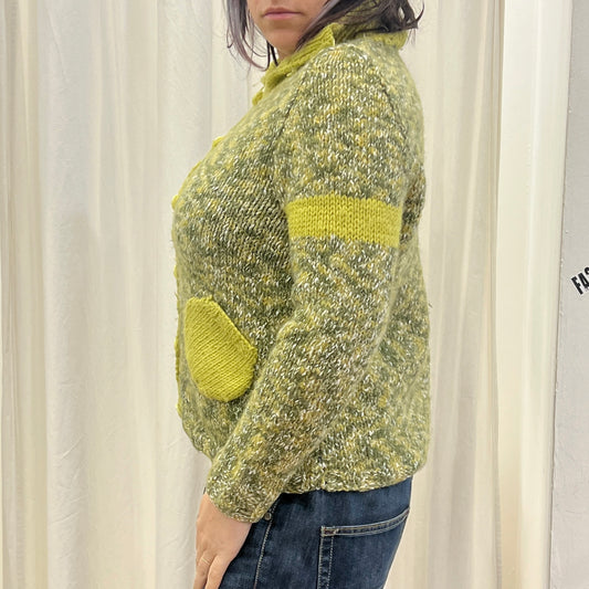 00s green wool knit cardigan with lime pockets and trim