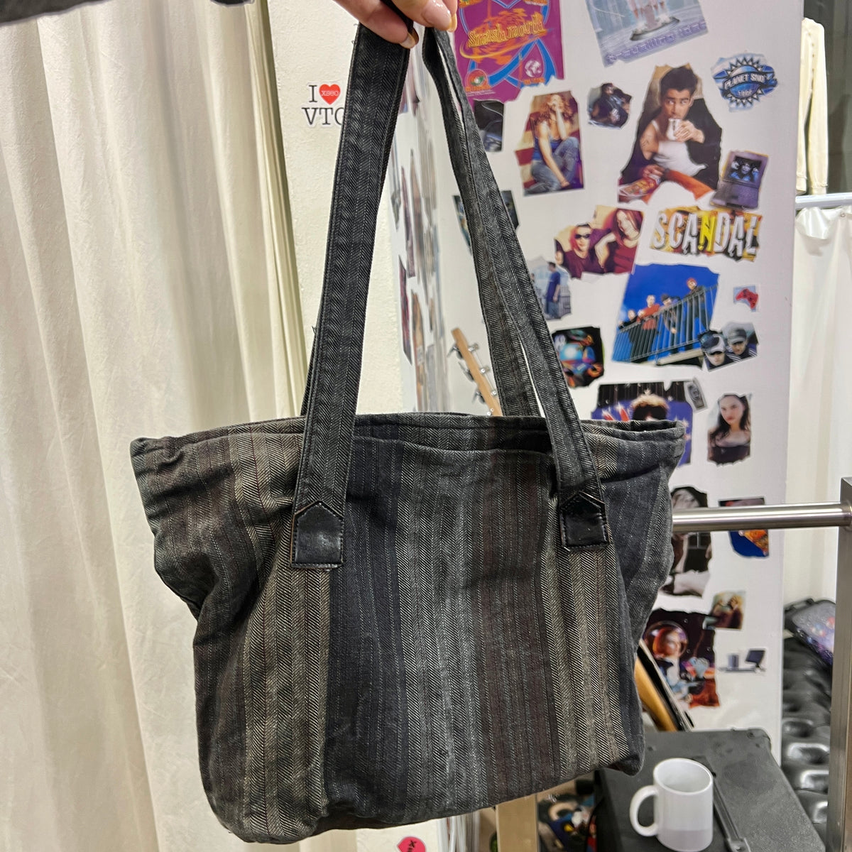 striped dark grey denim shoulder bag