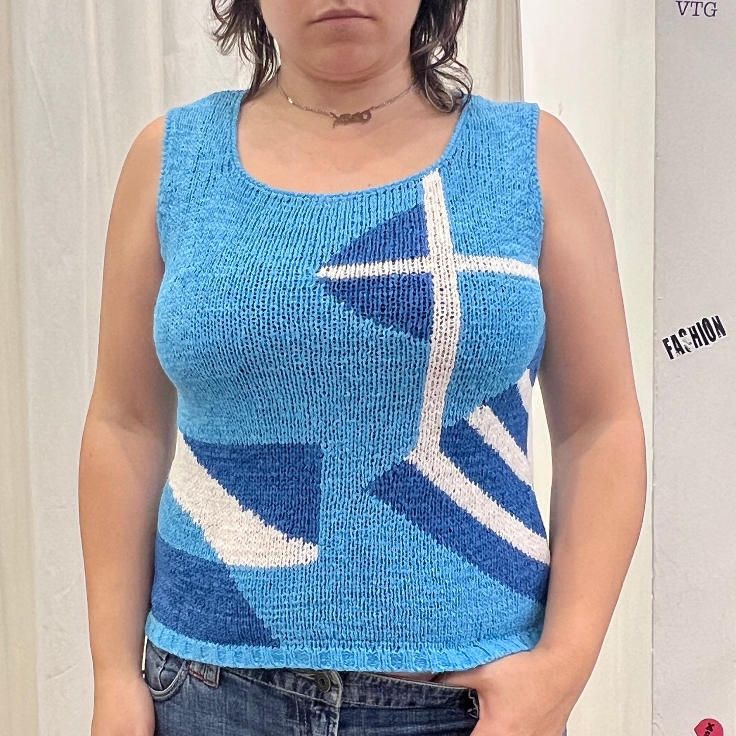 xiong ye 00s blue geometric print knit tank top