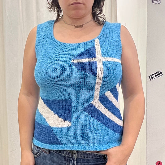 xiong ye 00s blue geometric print knit tank top