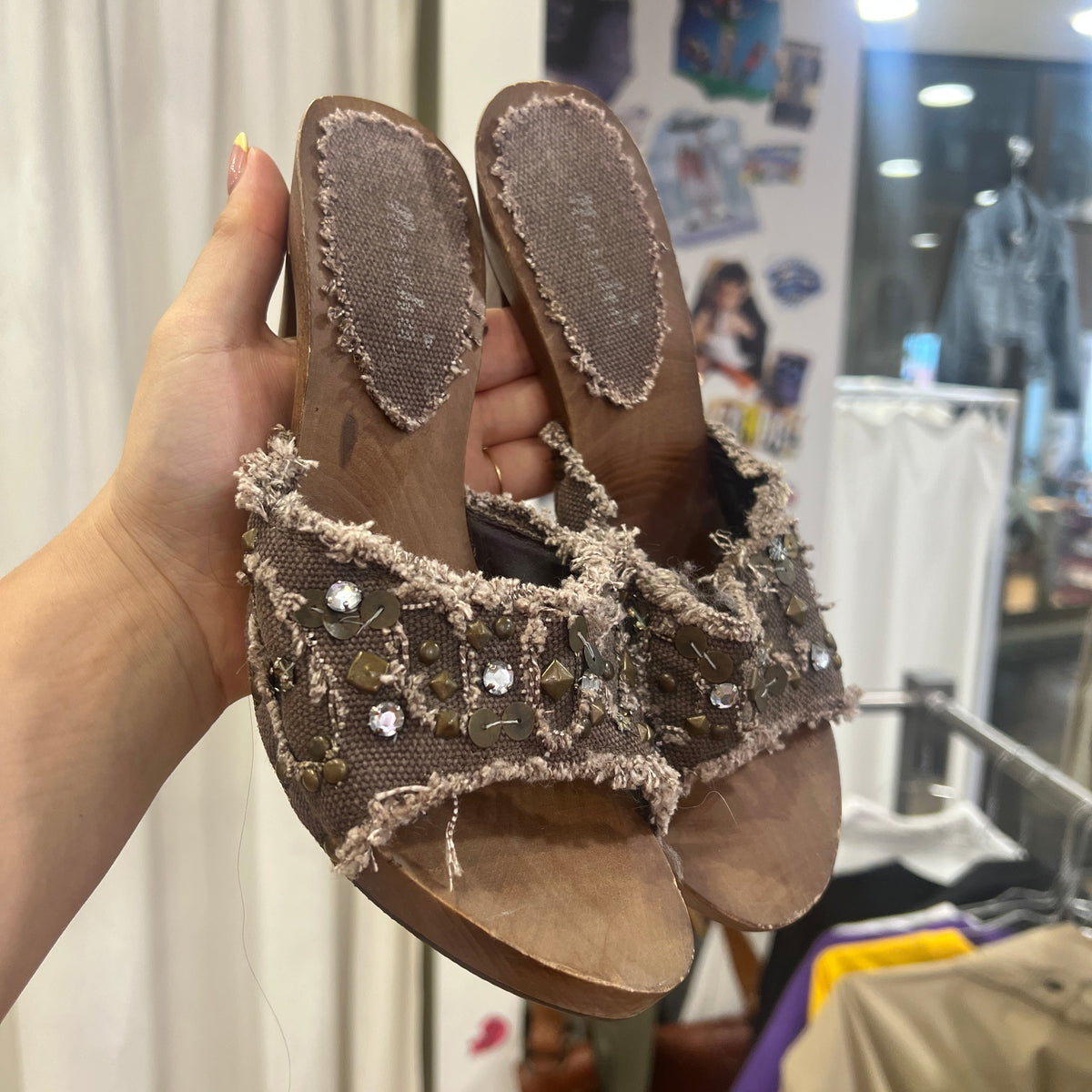 maicha 00s brown distressed canvas wooden clog heel sandal