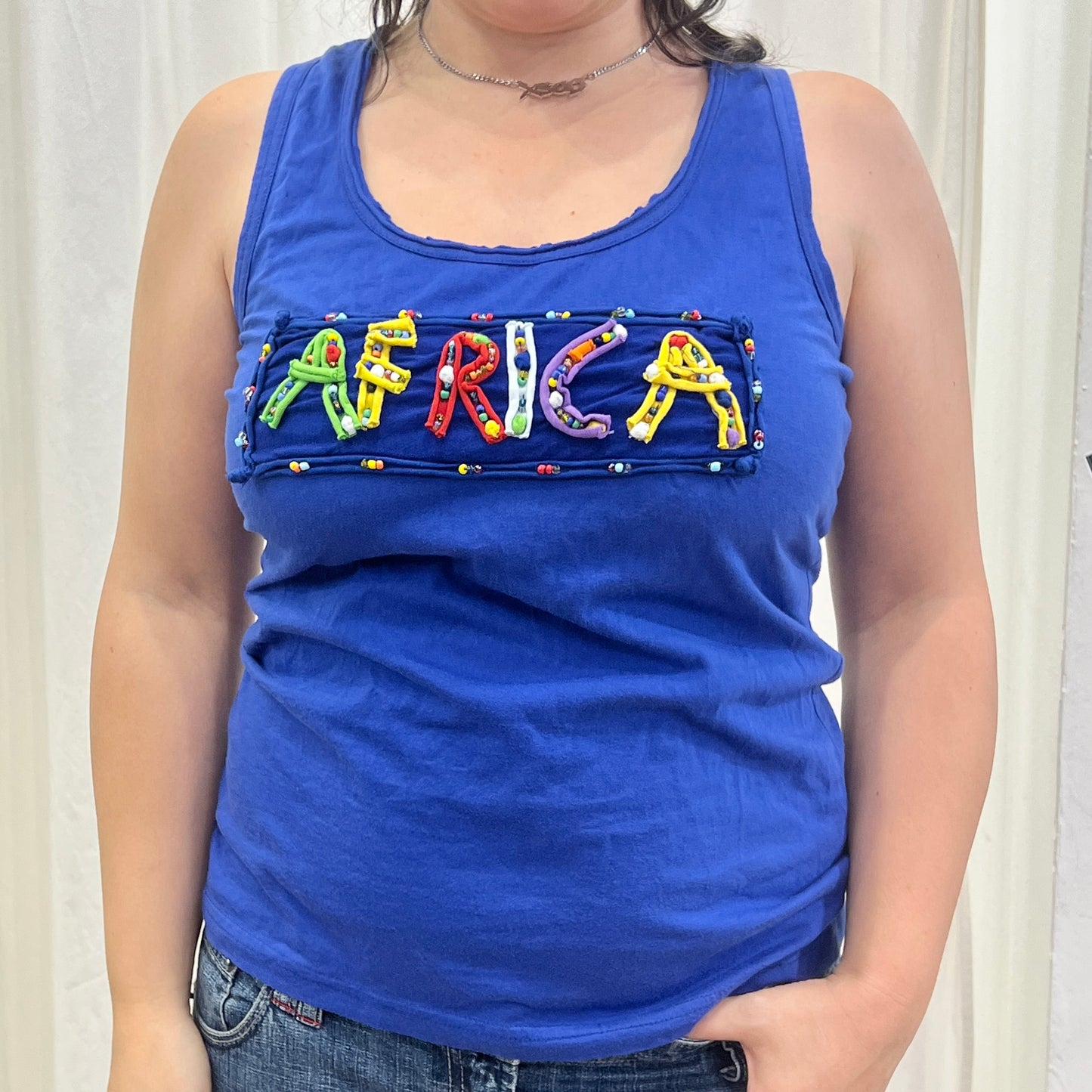 00s blue tank top with multicolor beaded africa patch