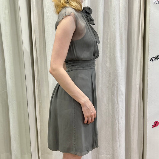 moschino 00s grey silk pussy bow halter mini cocktail dress