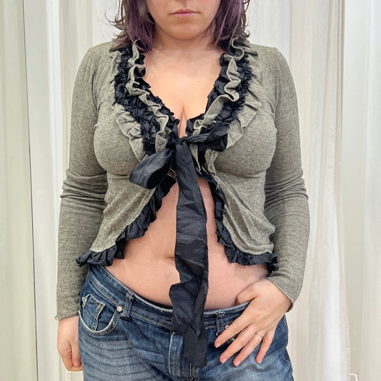 siste's grey wool front tie cardigan with ruffles
