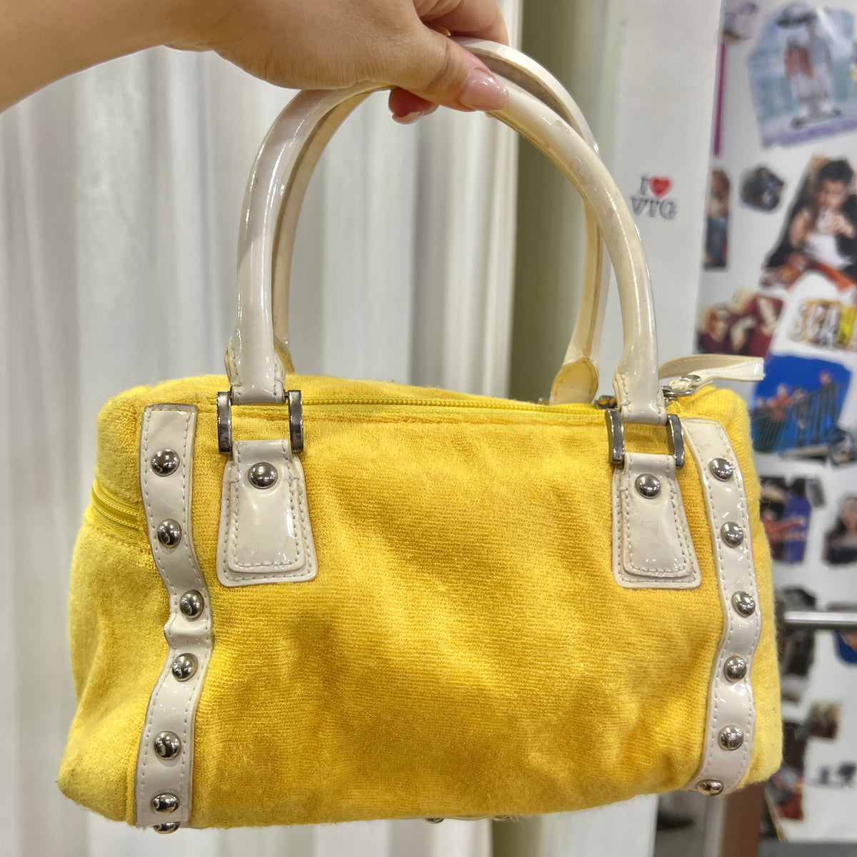 hello kitty sanrio 2007 yellow terry cloth mini trunk bag with white details and silver studs