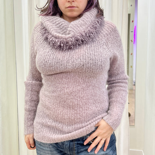 la fretta 00s lilac wool knit sweater with fringed roll neck