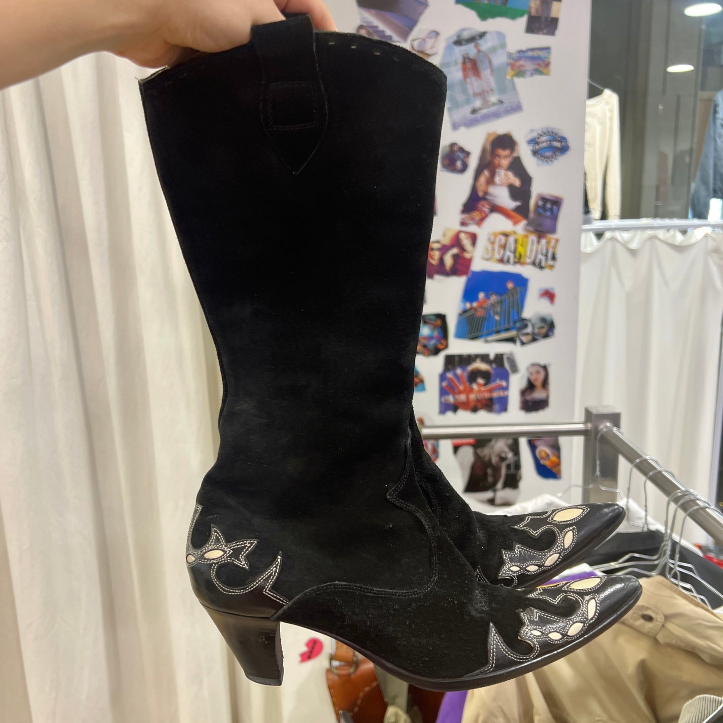 pane tulipani 00s black suede mid calf cowboy boots with white leather appliques