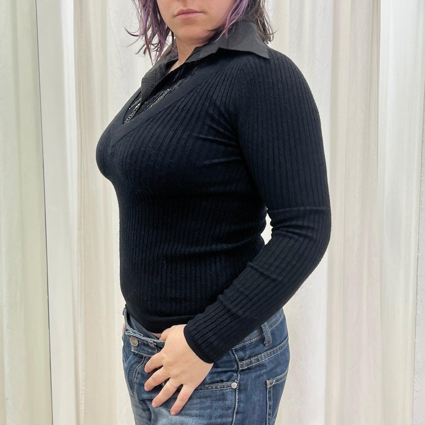 top a maniche lunghe in misto lana nero con colletto da camicia ‘00s
