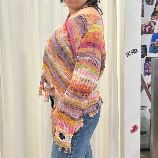 reworked distressed cropped multicolor striped knit sweater