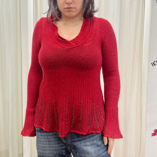mariella burani 00s red wool bell sleeve sweater with metal hoops