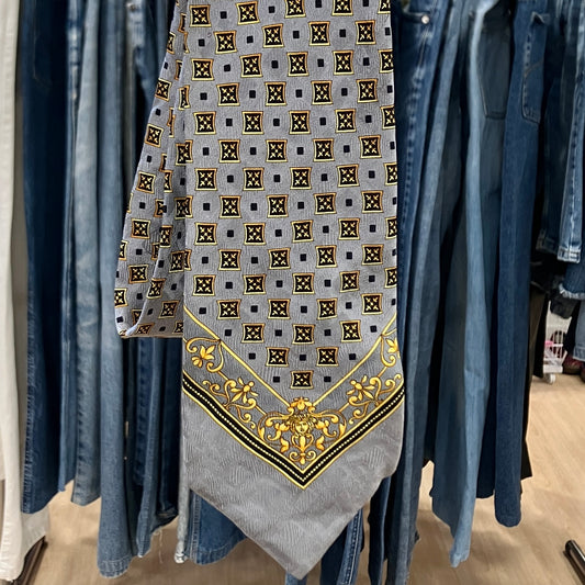 gianni versace 90s grey silk tie with gold baroque geometric print
