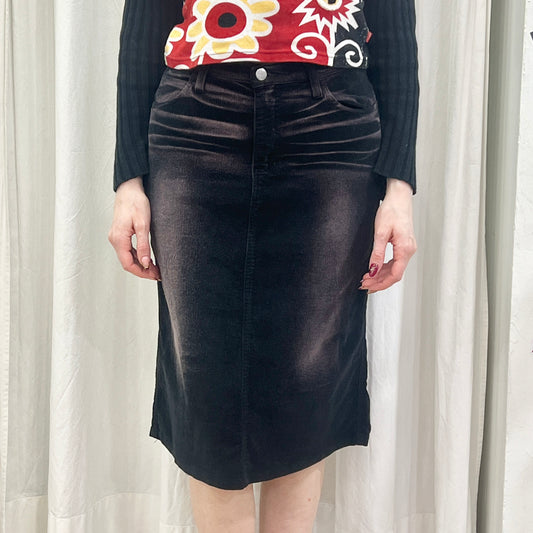 fly girl 00s pink washed black corduroy velvet midi skirt