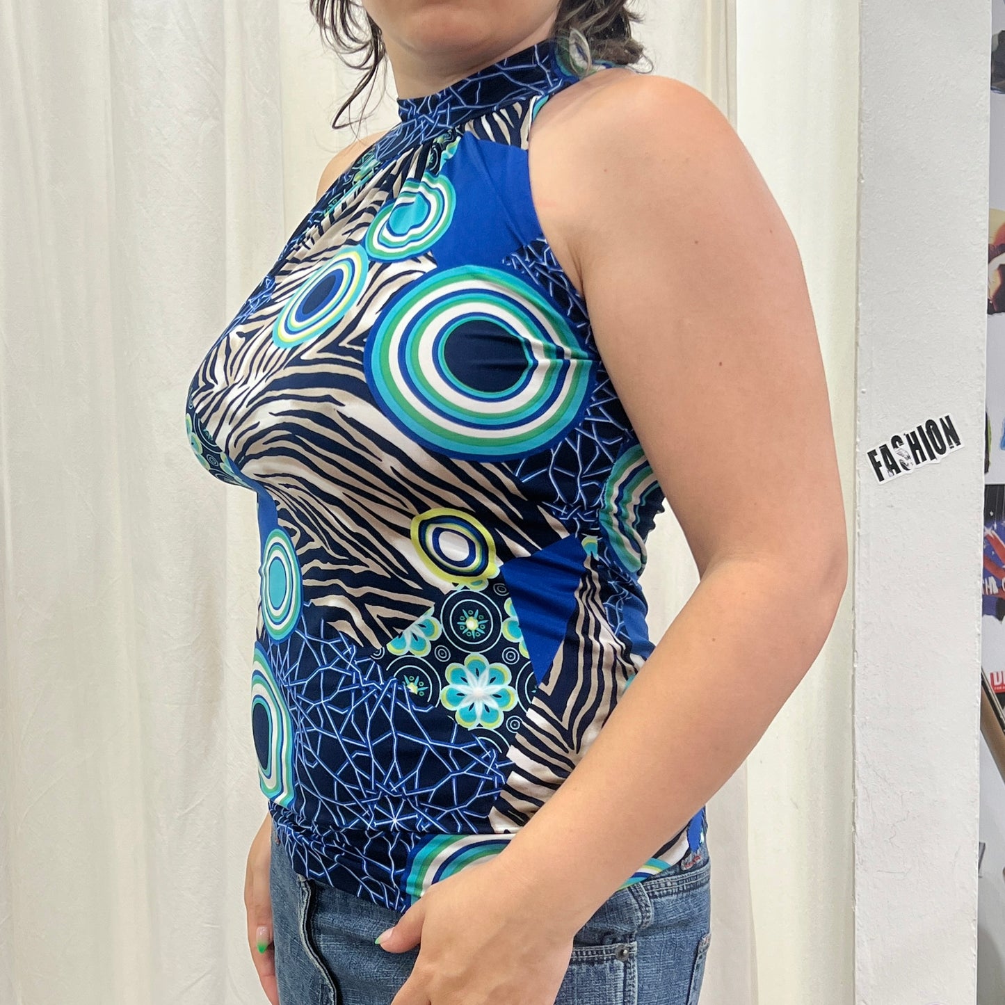 rinascimento 00s blue geometric and zebra print halter top